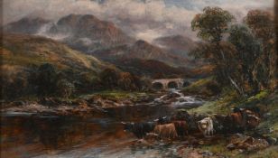 F. Allen (19th/20th century) British, a scene of cattle by a river with mountains beyond, oil on