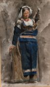 19th Century European School. A Lady in Traditional Costume, Watercolour, Signed Indistinctly, 10