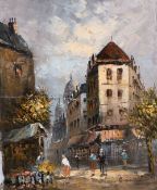 Caroline Burnett, a Parisian street scene with figures in the foreground, oil on canvas, signed