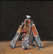20th century school, A study of oil paint tubes, oil on canvas, signed with initial 'M', 9
