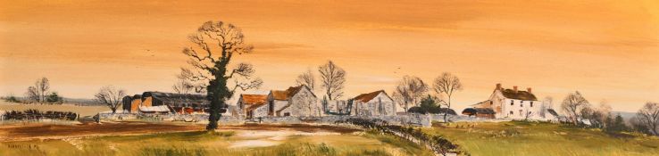 Micheal Barnfather (b. 1934) British, A rustic landscape with farm buildings, oil on board, signed
