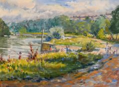 Dennis Gilbert (b.1922) British, Figures on a pathway on the Thames at Richmond, oil on canvas,