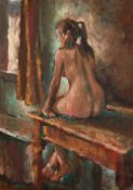20th century school, a study of a nude female sitting by a window, oil on paper laid down, 23
