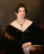 19th-century British school, a portrait of a seated lady wearing a gold chain, oil on canvas, 36