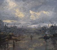 Barrington, 20th century, a view of a busy river with cranes and barges, oil on board, 12
