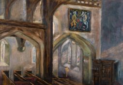E. C. Jupe (20th century) British. 'Thursley Church Interior', oil on canvas, signed 18