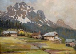 Gladys Denman (20th century) British, An Alpine scene with buildings in the foreground, oil on