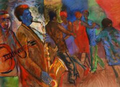 Sandy Esau (b.1968) South Africa, scene of figures dancing while a jazz band plays, mixed media,