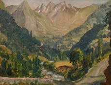 Maurice Codner (1888-1958) British, A view of an Alpine village with a river in the foreground,