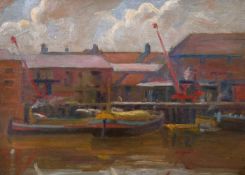 Margaret Theyne (1897-1997) Suffolk school, a scene of barges loading at a quay, oil on board,
