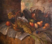 Carl Holger Fischer (1885-1955) Danish, A still life of mixed fruit and copper on a tabletop, oil on