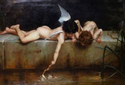 After Emile Munier, Cherubs fishing a quiver of arrows from a lake, oil on canvas, possibly mixed