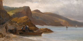 19th century English school, A scene of fisherman unloading their catch in a coastal landscape,