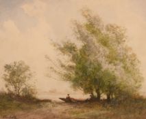 William Tatton Winter (1855-1928), 'Under the Trees', Figures in a boat by a river, watercolour,