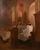 Early 20th century British school, a scene of choristers in a church interior, oil on canvas, signed