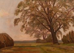 John Brown (20th century) Scottish, A view of a pathway by trees, oil on board, signed with