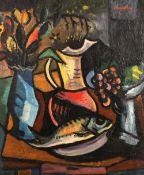 20th century continental school, a Cubist style still life composition of a pitcher, fruit and