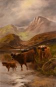 19th/20th century British school, Cattle by a Highland Loch, oil on canvas, signed with a