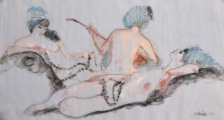 Henry Bird (1909-2000) British, A group of ladies posed as if in a harem, coloured chalks on blue