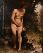 19th century continental school, A seated female nude by a stream watching a bird, oil on canvas,