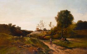 Charles Leslie (1839-1886) British. Wayfarers on a Country Lane with Sheep Grazing, Oil on Canvas,