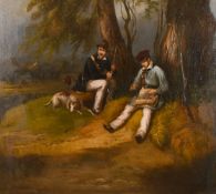 19th century continental school, A scene of two resting huntsmen with their dogs beneath a tree, oil