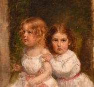 Continental school circa 1890, a study of two young girls in white dresses, oil on canvas laid down,