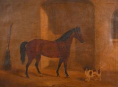19th century English school, a horse and dog in a stable, oil on canvas, 18