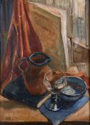 Betty Myer, A a still life of a glass jug and a bowl on the table, oil on canvas, signed with a