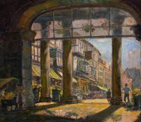 Jack Cross (early 20th century) British, 'A view of Town Through Columns', oil on panel, signed with