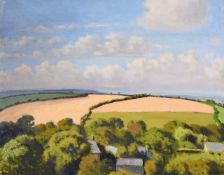 Robert Morson Hughes (1868-1944) British. A view over fields with buildings in the foreground, oil