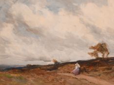 Joseph Vickers de Ville (1856-1925) British, figures on a path on a windy day, signed, oil on board,