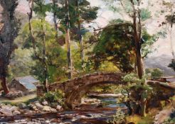 Robert Fowler (1853-1926) British, A woodland river landscape with a bridge and hills beyond, oil on