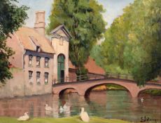 E. Lalonge (20th century) French school, a river landscape with a bridge and buildings, oil on