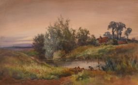 Henry Stannard (1844-1920) British. Ducks by a Pond at Dusk, Watercolour, Signed, 12