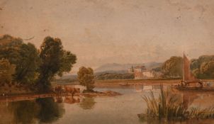 Circle of Varley, Barges on a river with buildings and hills beyond, watercolour, 7