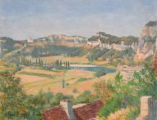 20th century school, a continental river landscape with rocky hills beyond, oil on canvas, bears