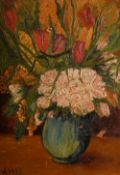 Webber (20th century), a still life of mixed flowers in a jug, oil on canvas, signed, 22