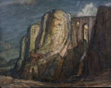 Sydney Dennant Moss (1885-1946) British, a night view of Ronda, Spain, with figures in the valley