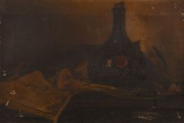 19th Century School. A Still Life Study of a Bottle on a Tabletop, Oil on Canvas, Indistinctly