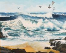 David Bellamy (20th century) British, 'Seagulls and Surf', A scene of birds flying over breaking