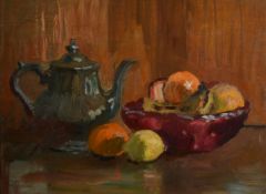 Faith Sheppard (B.1920) British, a still life study of mixed fruit and a teapot, oil on board, 13.5