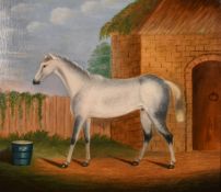 19th century school, A portrait of a horse outside a stable block, oil on canvas, 20