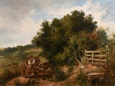Thomas Kent Pelham (19th century) British, figure on a horse and cart in a country landscape, oil on