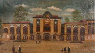 Asad Allah Hussani, Qajar, circa 1890, A traditional court building with figures in the courtyard,