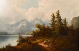 19th century continental school, A scene of a path by a lake with an Alpine view beyond, oil on
