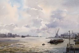 Ashton Cannell (1927-1994) British, 'Evening Rotherhithe', a Thames view with barges, watercolour,