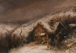 William Thomas Such (1820-1893) British. A winter scene, with sheep by a thatched cottage, oil on