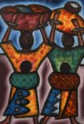 South African school, a pair of paintings of women carrying baskets on their heads, mixed media,
