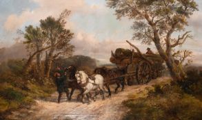 Alexis de Leuuw (1822-1900) Belgium, figures with a horse and cart carrying logs on a country path